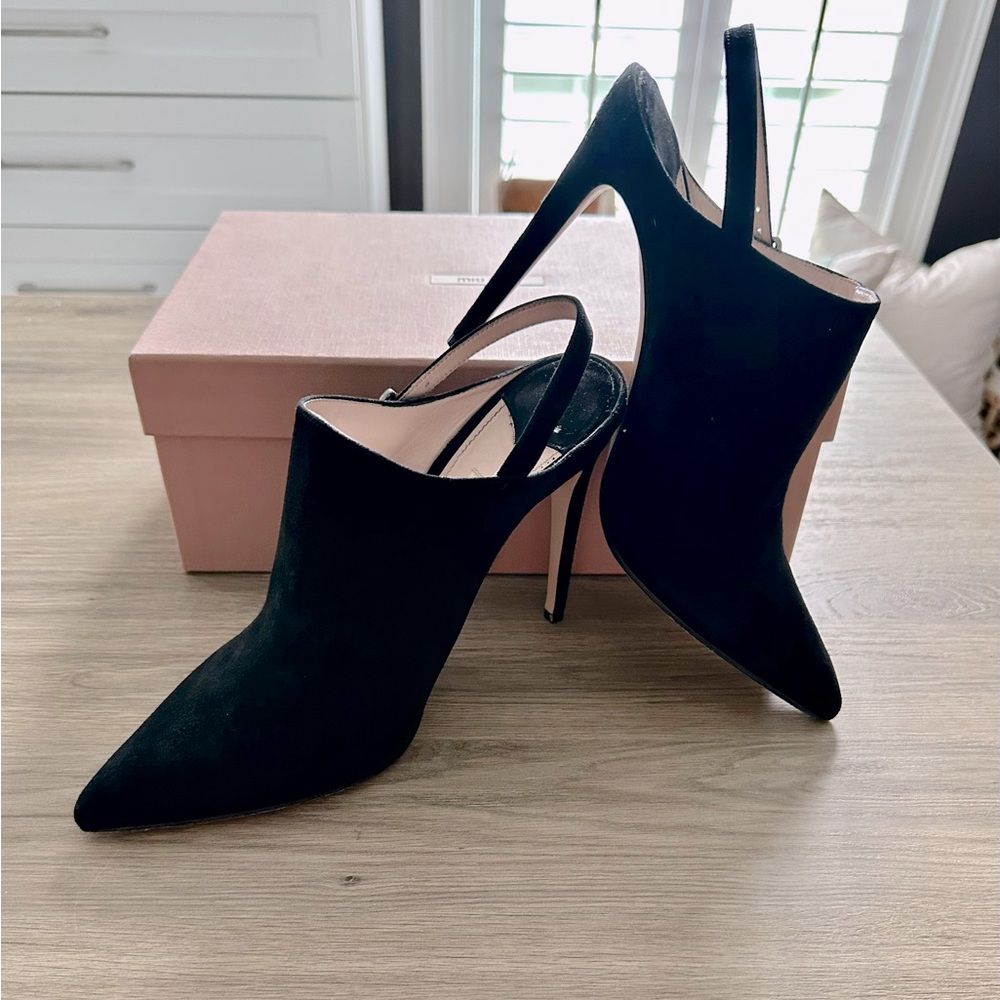 Miu miu sling back black suede booties.